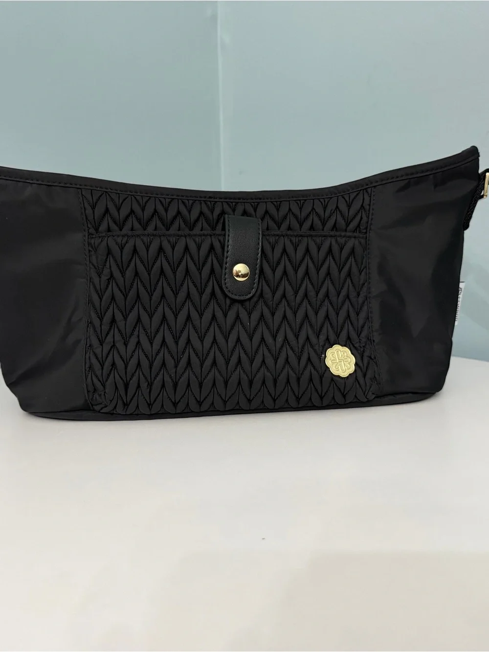 Black Quilted stroller caddy Women’s Cosmetic Pouch with Gold Accent